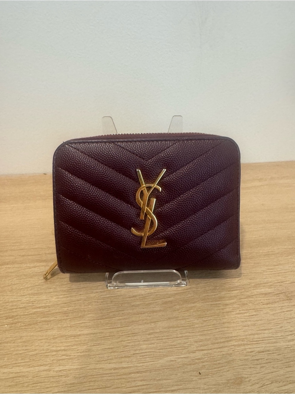 Saint Laurent Quilted Leather Zip Wallet - Deep Burgundy with Gold Hardware